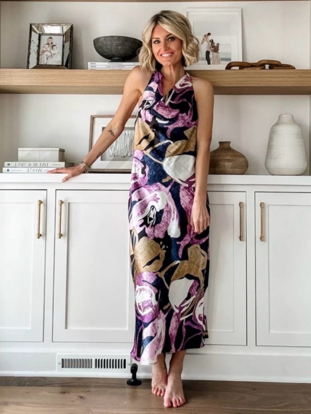 Banana Republic Halter Maxi Dress in Pink, Navy and Gold Abstract Print